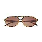 Sunglasses with tortoiseshell frame and brown lenses on a white background