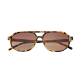 Sunglasses with tortoiseshell frame and brown lenses on a white background