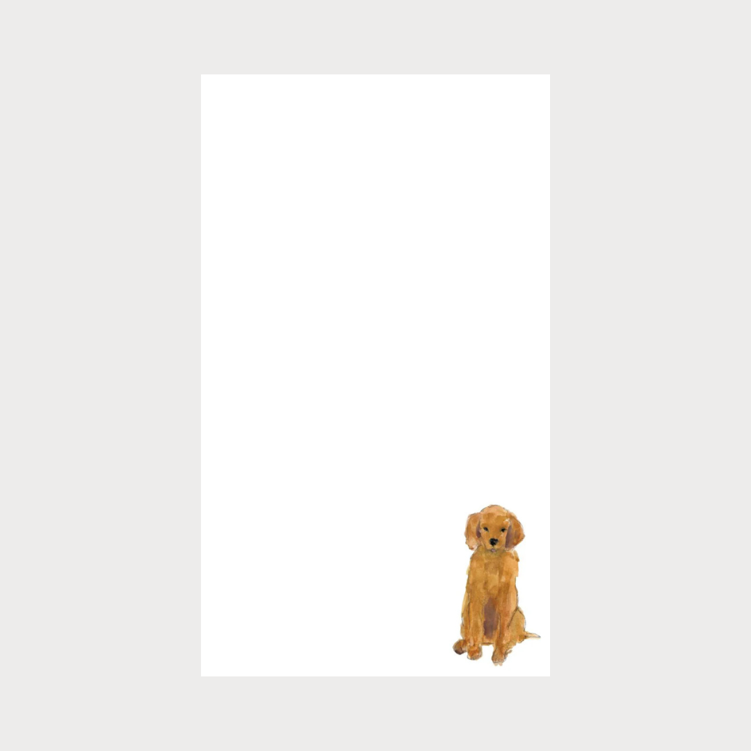 Brown dog watercolor on a blank white notepad on a grey background