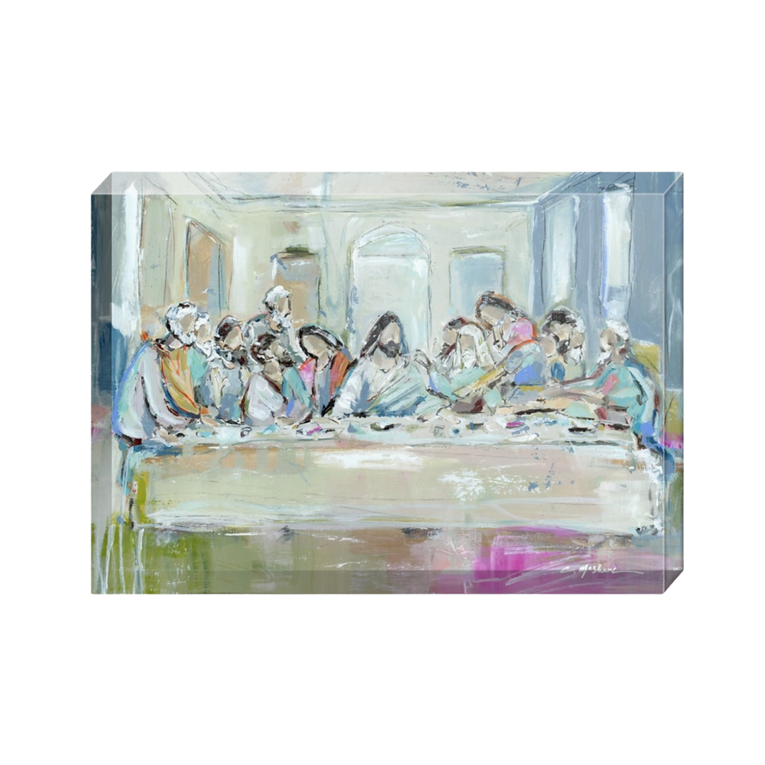 Glass block with artistic depiction of a religious scene