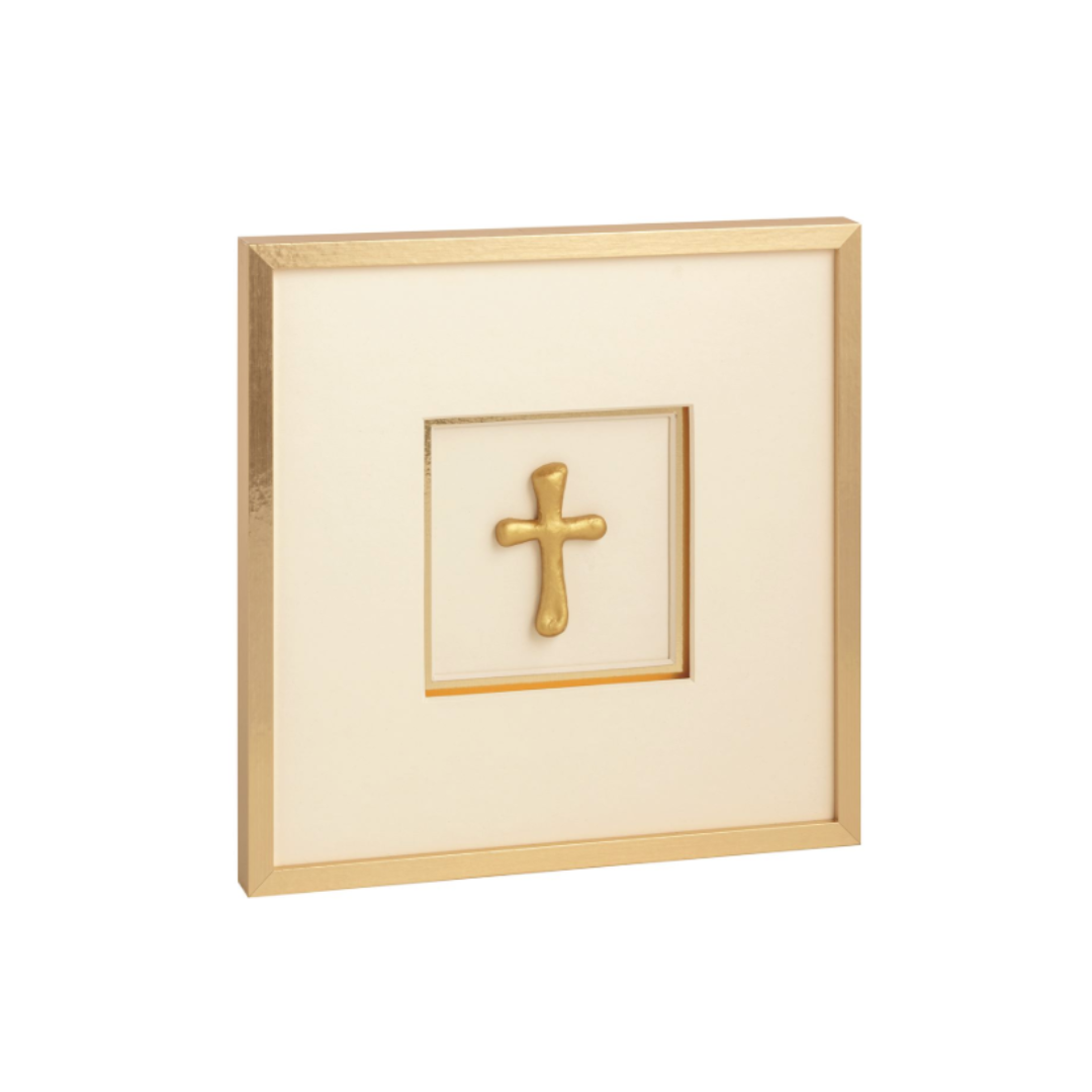 Gold cross in a square frame on a white background