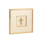 Gold cross in a square frame on a white background