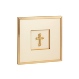 Gold cross in a square frame on a white background