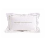 White pillow with embroidered green text on a white background