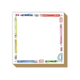 Notebook cover with illustrations of stationery items on a white background