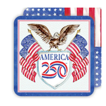 reversible paper coasters with an eagle and American flags design, featuring 'America 250' text.