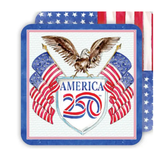 reversible paper coasters with an eagle and American flags design, featuring 'America 250' text.
