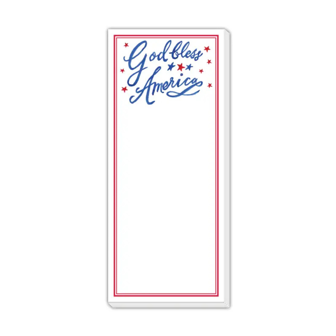 Notepad with 'God bless America' text and red border on white background