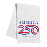White towel with 'America 250' logo featuring red, blue, and white colors on a white background.