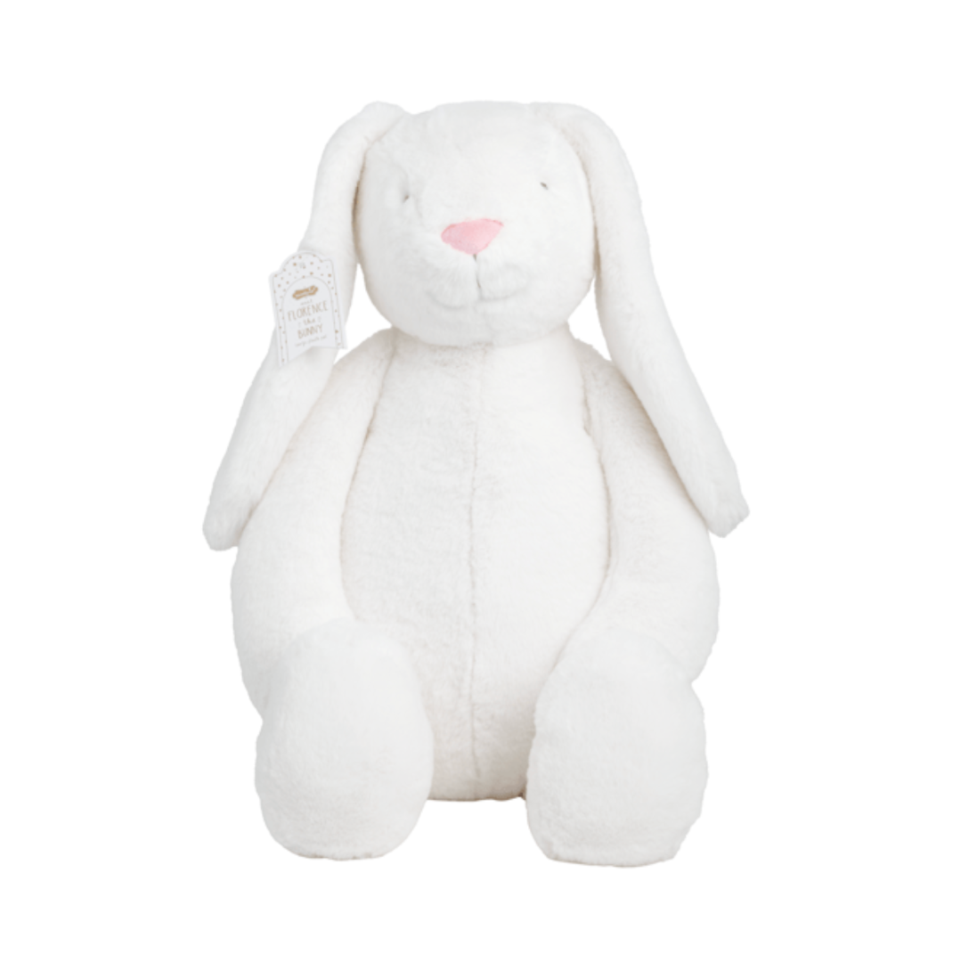 ivory plush bunny toy with a pink nose on a white background