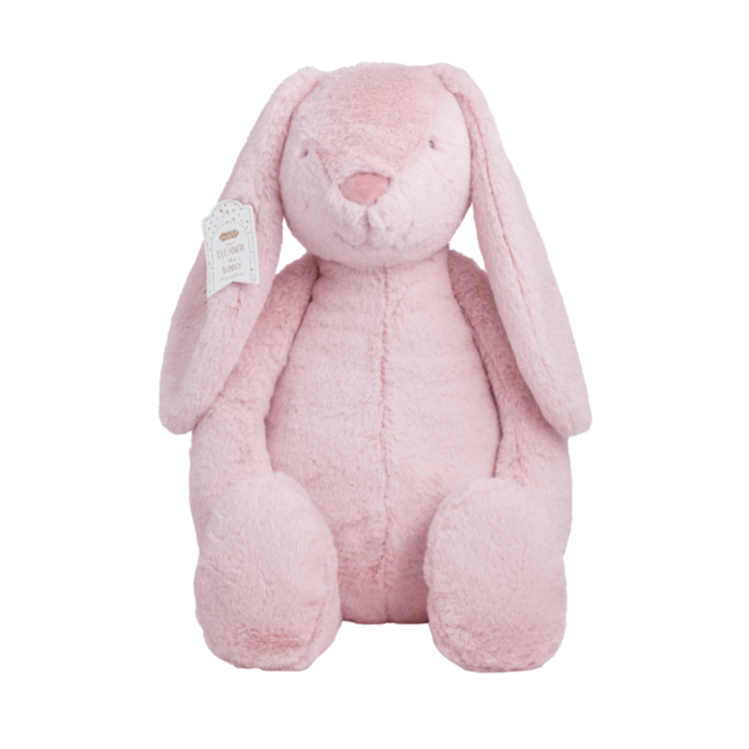 Pink plush bunny toy with a tag on a white background