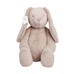 Plush bunny toy with a white tag on a white background
