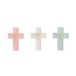 Three cross-shaped resin cross in pink, white, and light blue on a white background