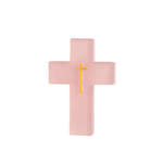 Pink resin cross with a yellow center on a white background