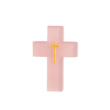 Pink resin cross with a yellow center on a white background