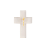 White resin cross with a yellow center on a white background