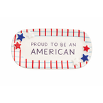 Decorative plate with 'Proud to be an American' text and stars on a white background