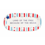 Decorative plate with American flag design and text 'Land of the Free Because of the Brave' on a white background.