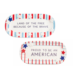 Two patriotic-themed trays with text and star designs on a white background