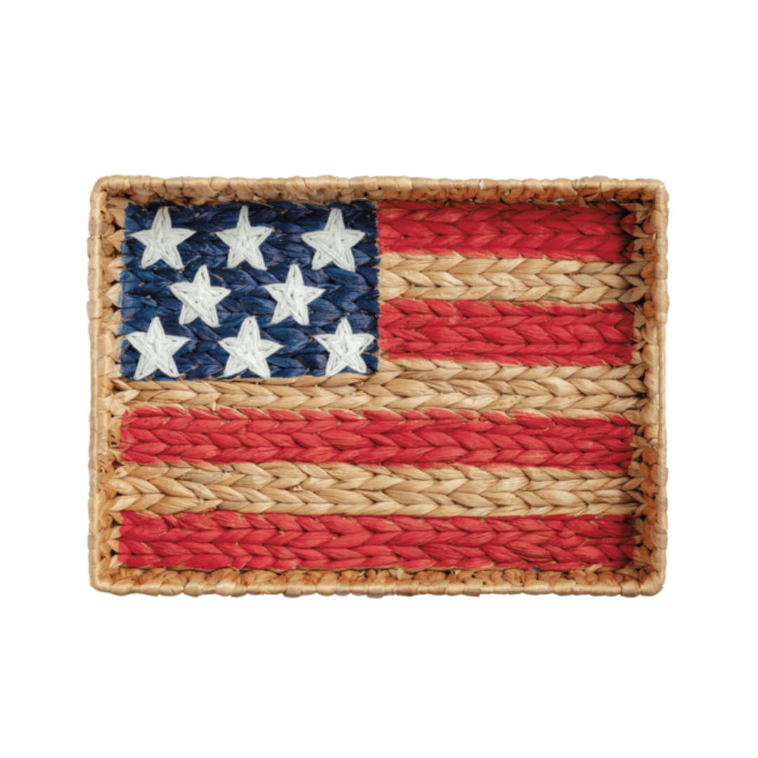Woven basket tray with American flag design on a white background