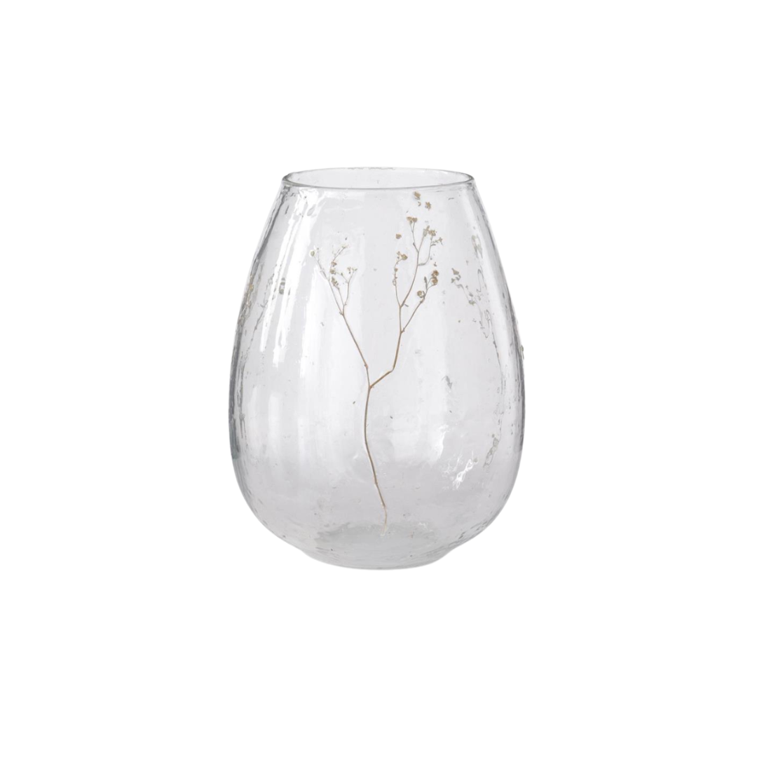 Clear glass vase with a small branch of flowers on a white background