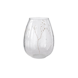 Clear glass vase with a small branch of flowers on a white background