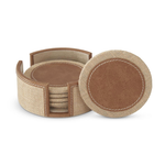 Set of round brown coasters with a beige holder on a white background