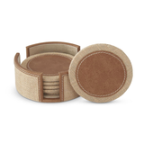 Set of round brown coasters with a beige holder on a white background
