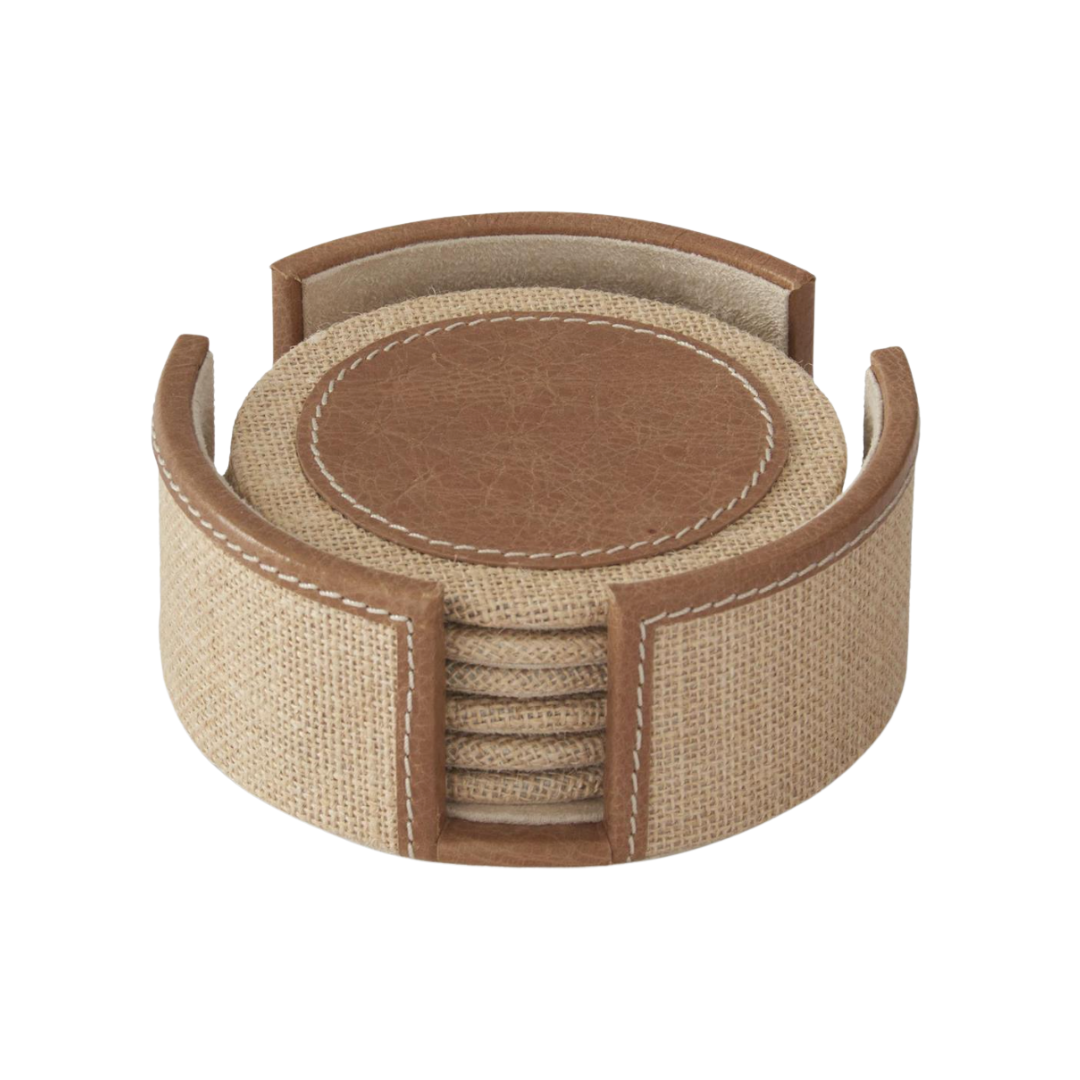 Set of round coasters with a brown leather center and beige fabric border on a white background.