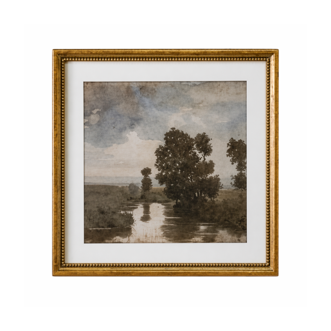 Framed artwork of a landscape with trees and water on a white background