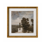 Framed artwork of a landscape with trees and water on a white background