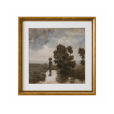 Framed artwork of a landscape with trees and water on a white background