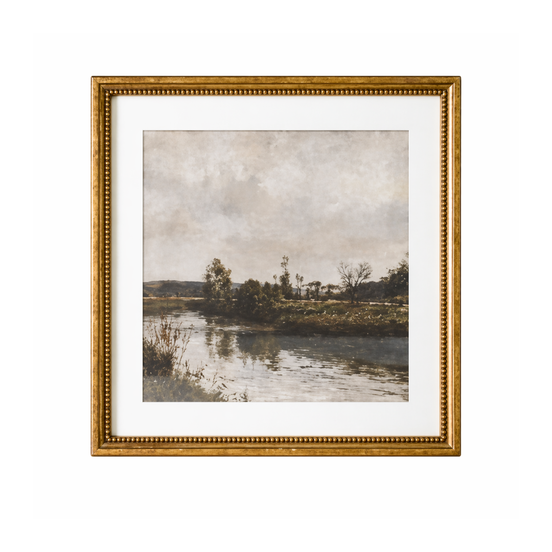 Framed artwork of a landscape with a river and trees on a white background