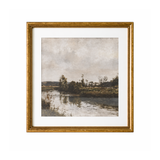 Framed artwork of a landscape with a river and trees on a white background