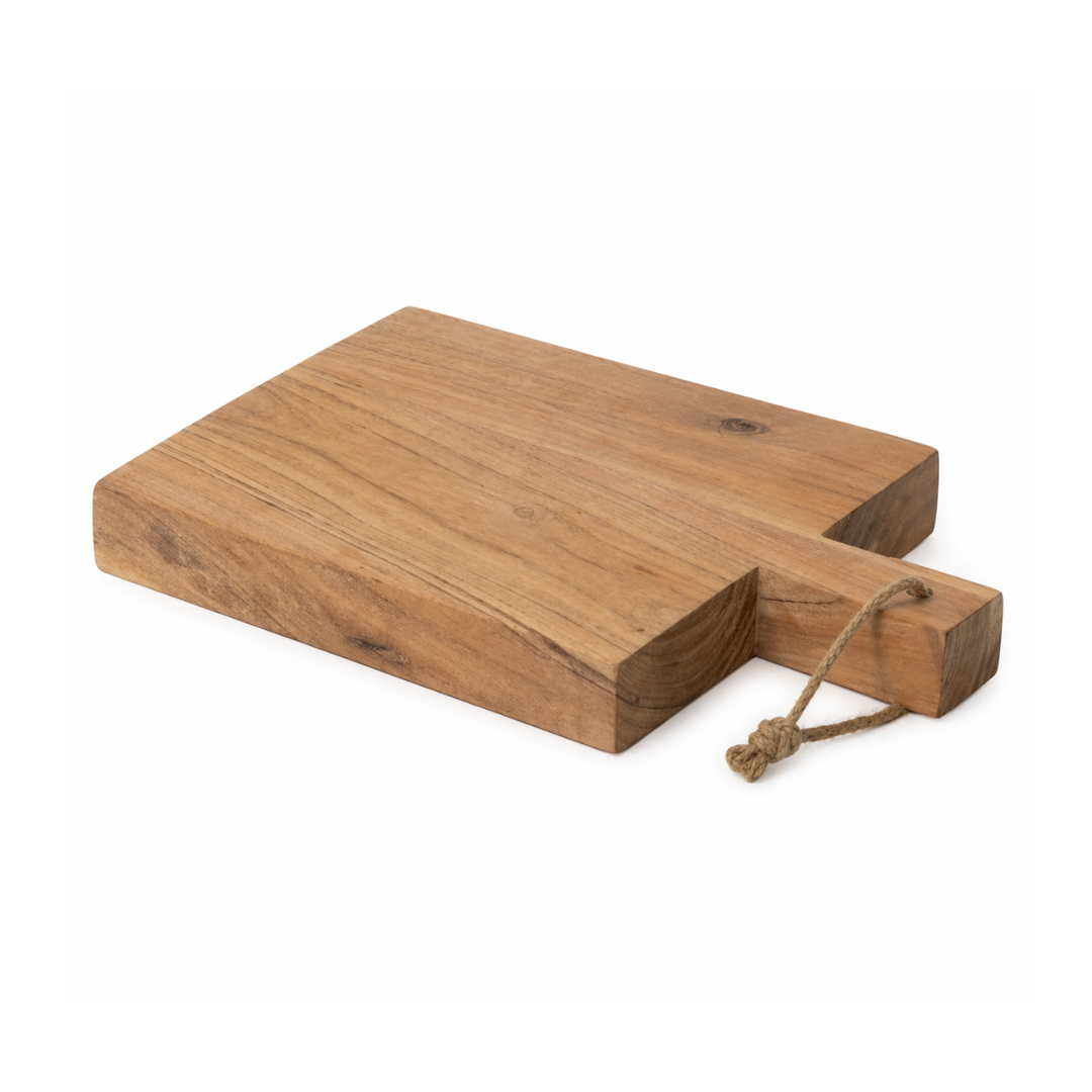 Wooden cutting board with a handle on a white background