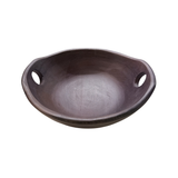 Dark brown wooden bowl with two handles on a white background