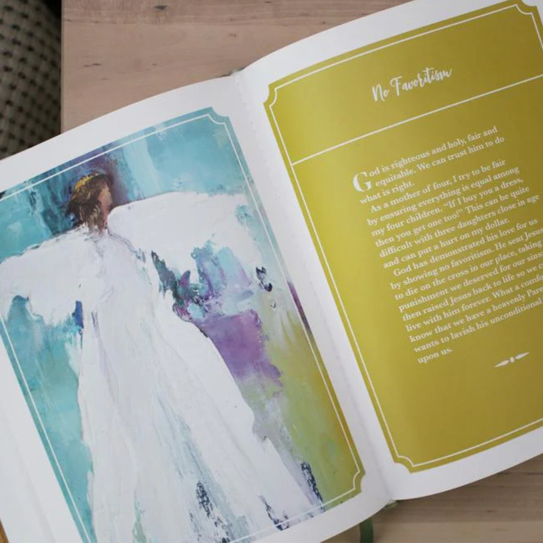 Open anne neilson bible with a watercolor illustration of a woman in a white dress on the left page and text on the right page.