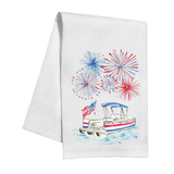 White towel with a boat and fireworks design on a white background