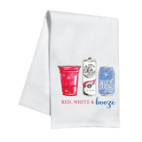 White towel with red, white, and blue graphic of a cup and beer cans with text 'Red, White & Booze'.