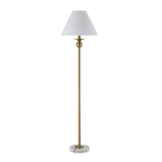 Floor lamp with white shade and gold base on a white background