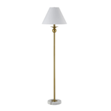 Floor lamp with white shade and gold base on a white background