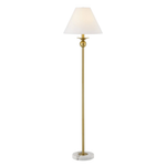 Floor lamp with a white shade and gold base on a white background