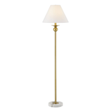 Floor lamp with a white shade and gold base on a white background