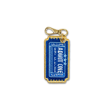 A gold-tone embroidered keychain charm shaped like a blue and white 'ADMIT ONE' ticket, complete with a gold clasp at the top, shown on a plain white background.