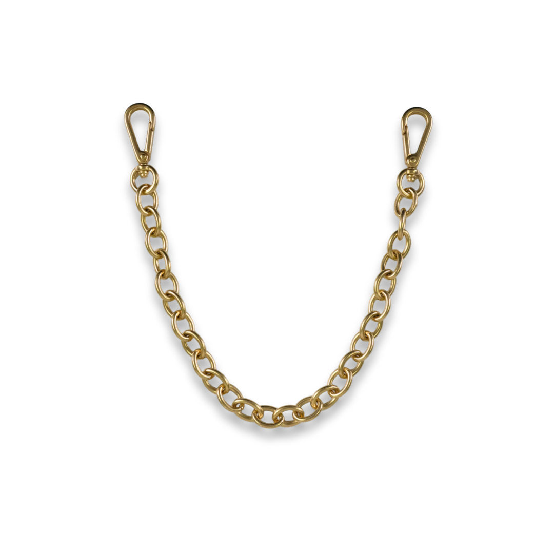 A gold-toned metal chain link accessory with two lobster clasp ends, photographed on a plain white background.