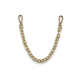 A gold-toned metal chain link accessory with two lobster clasp ends, photographed on a plain white background.