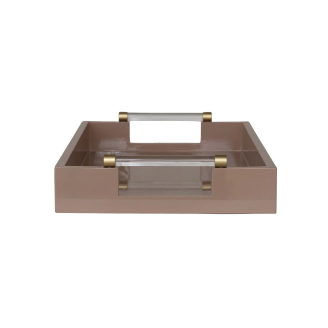 A rectangular tray in a muted taupe-brown color with two clear acrylic handles accented by gold-toned metal caps, shown against a plain white background.