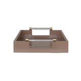 A rectangular tray in a muted taupe-brown color with two clear acrylic handles accented by gold-toned metal caps, shown against a plain white background.