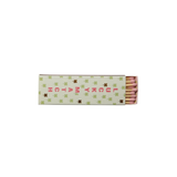 A matchbox with a cream-colored cover decorated with green star patterns and pink text reading 'LUCKY MATCH', with pink matches visible on the right side, set against a plain white background.