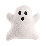 A white plush ghost-shaped pillow with black embroidered eyes and mouth, isolated on a white background.